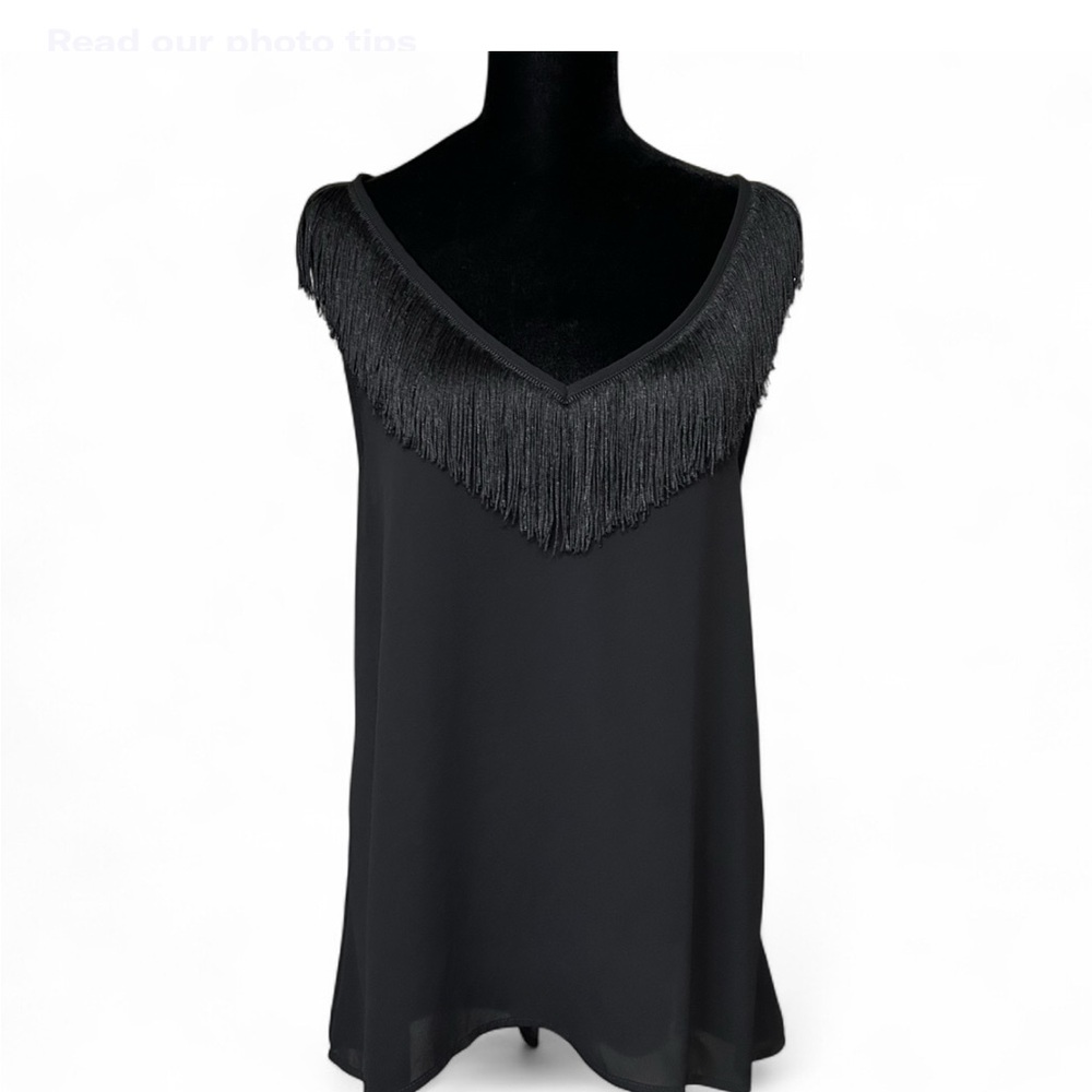 EXPRESS Black Fringe Sleeves Top With Boho Vibe And Back Details NWOT M